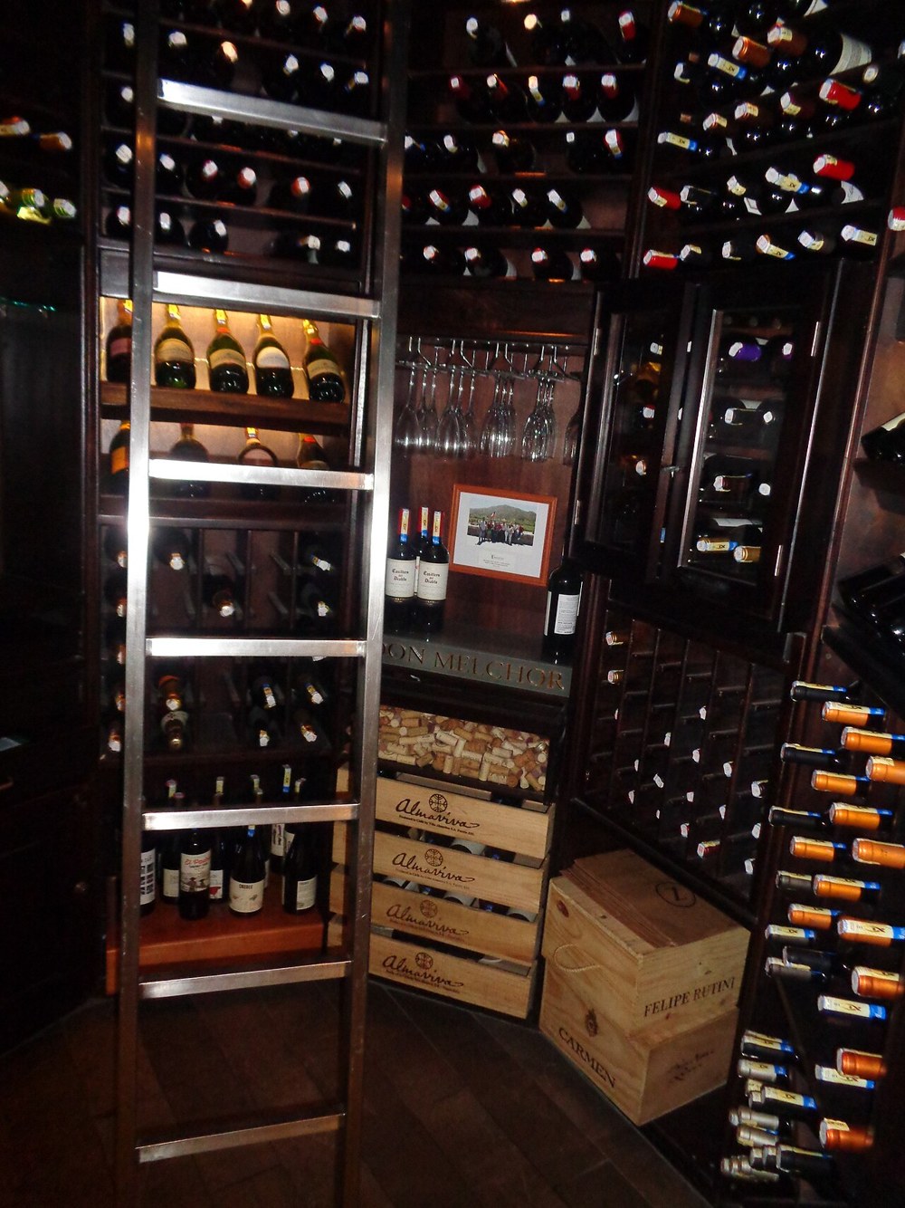 Wall racking filled with wine bottles in a restaurant wine room
